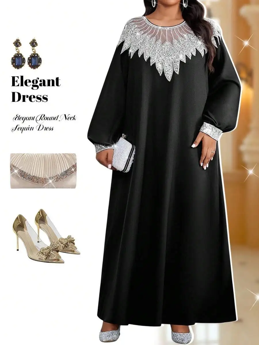 

Black Elegant Round Neck Long Sleeve Maxi Dress with Sequin Embellishment