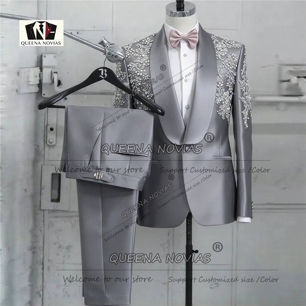 Brilliant Satin Men Groom Tuxedo Suit Set Shawl Lapel Jacket Pants 2 PCS Beaded Stones Man Banquet Attire Plus Size Ropa Hombre