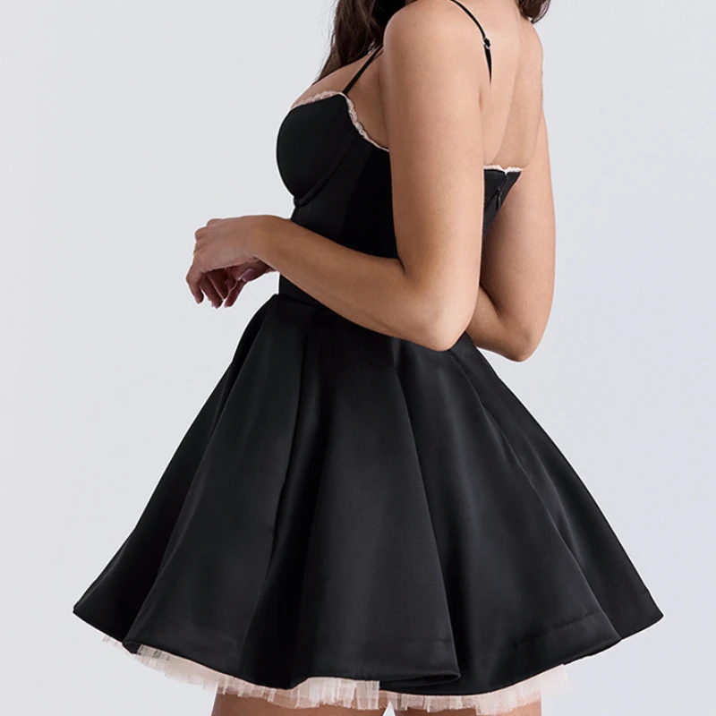 Cross border women's summer new product sexy suspender chest wrapped fluffy dress high-end temperament mesh lining dress