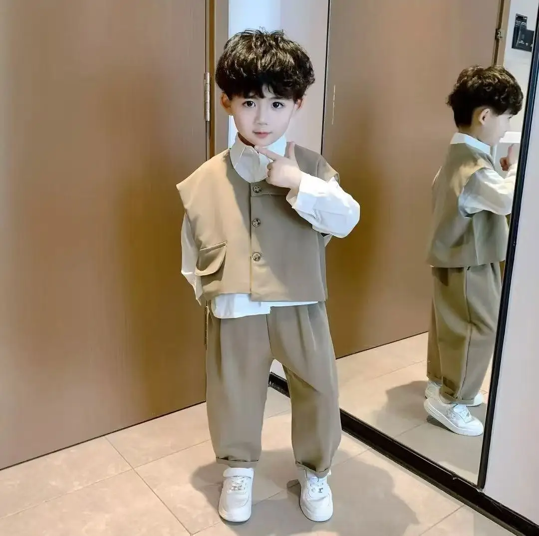 

Kids Boy's Autumn Suit 2025 New Style Of Handsome Children's Autumn Suit for Boy Baby Handsome Casual Suit Vest Three-piece Set