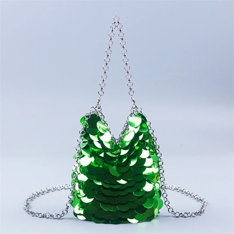 Luxury Iridescent Mermaid Sequin Bucket Bag Shiny Iridescent Color Mini Evening Handbag with Detachable Chain for Formal Party