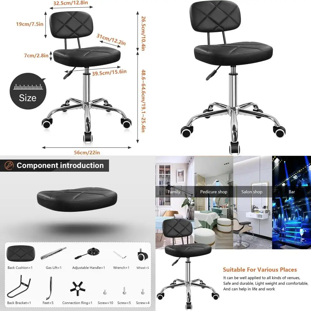 

Adjustable Height Office Stool with Wheels, Square Seat for Home and Work (Black)