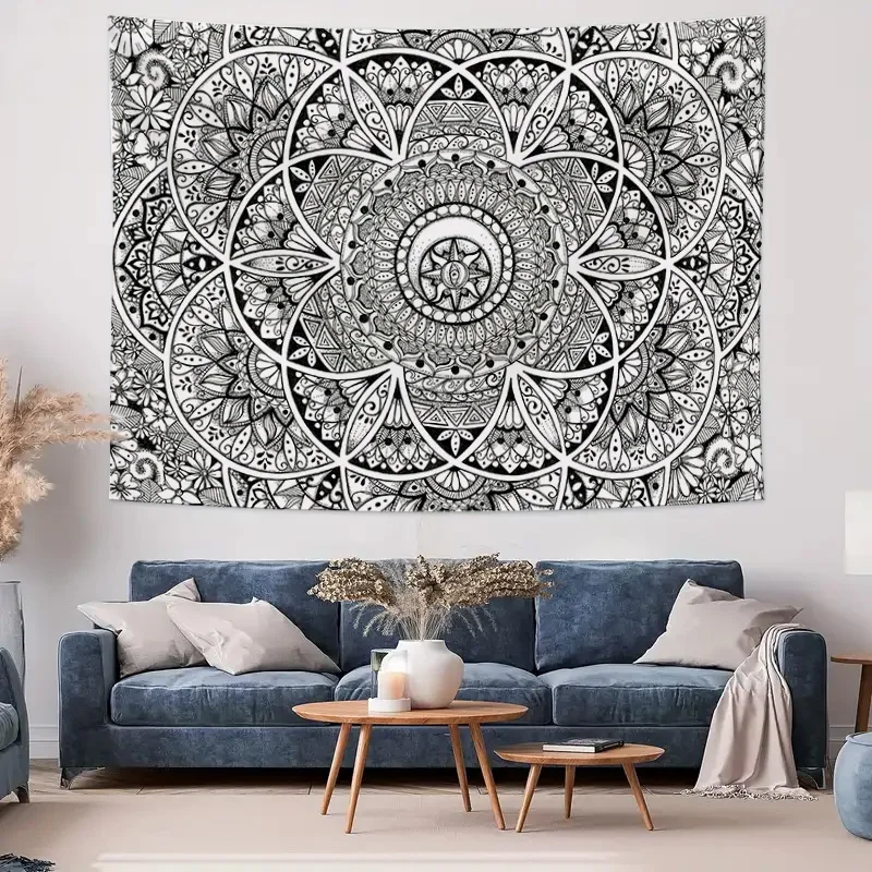 Black & White Mandala Tapestry, Bohemian Style Decor for Bedroom & Living Room Art