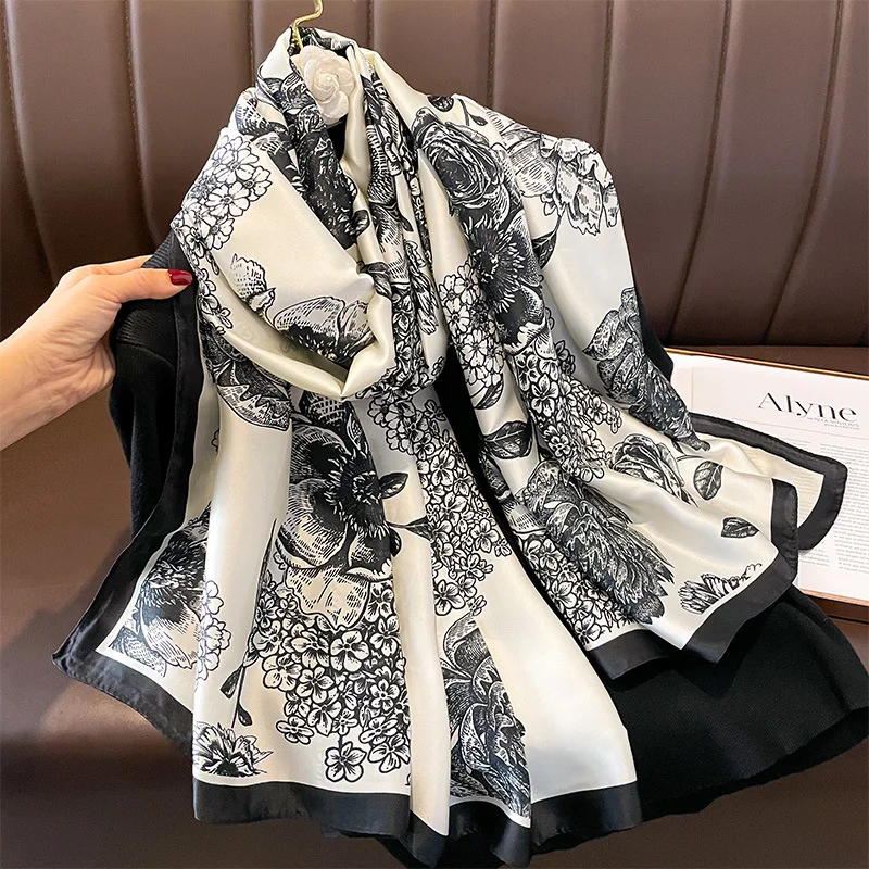Design Satin Seide Schal Hijab Schal Frauen Mode Sommer Sonnencreme Strand gestohlen Wraps Bufanda weibliche Kopftuch Echarpe neu – Detail 13