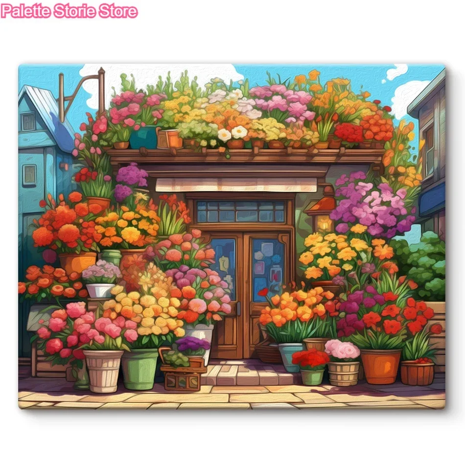 

（Frameless ）Paint By Numbers Flower Shop Landscape Picture Drawing Pictures By Numbers Acrylic Diy Gift Art Supplies Kits Wall D