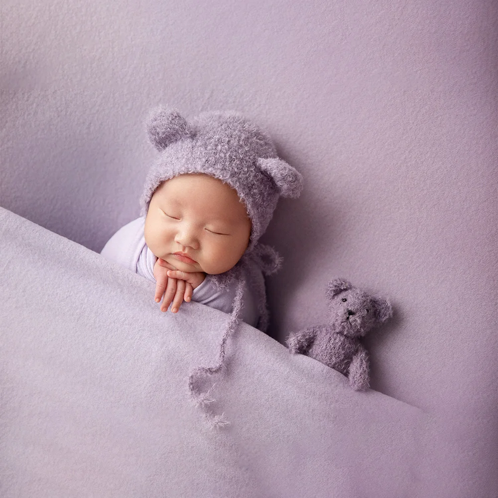 Newborn Baby Photoshoot Prop Cotton Soft Stretch Swaddle Wrap Handmade Crochet Bear Hat Doll Lace Hat Pillow Studio Shooting Set