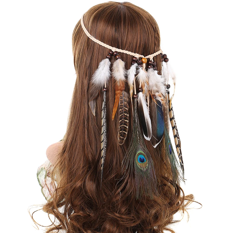 AWAYTR AWAYTR Boho Feather Headband for Women Peacock Feather Hairband Fashion Girls Festival Beads Feather Hair Accessories