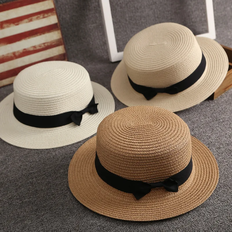 Sun Hat Women Summer Panama Hat Beach Girls Casual Lady Flat Brim Bowknot Straw Cap Girls Sun Hat Chapeu Feminino