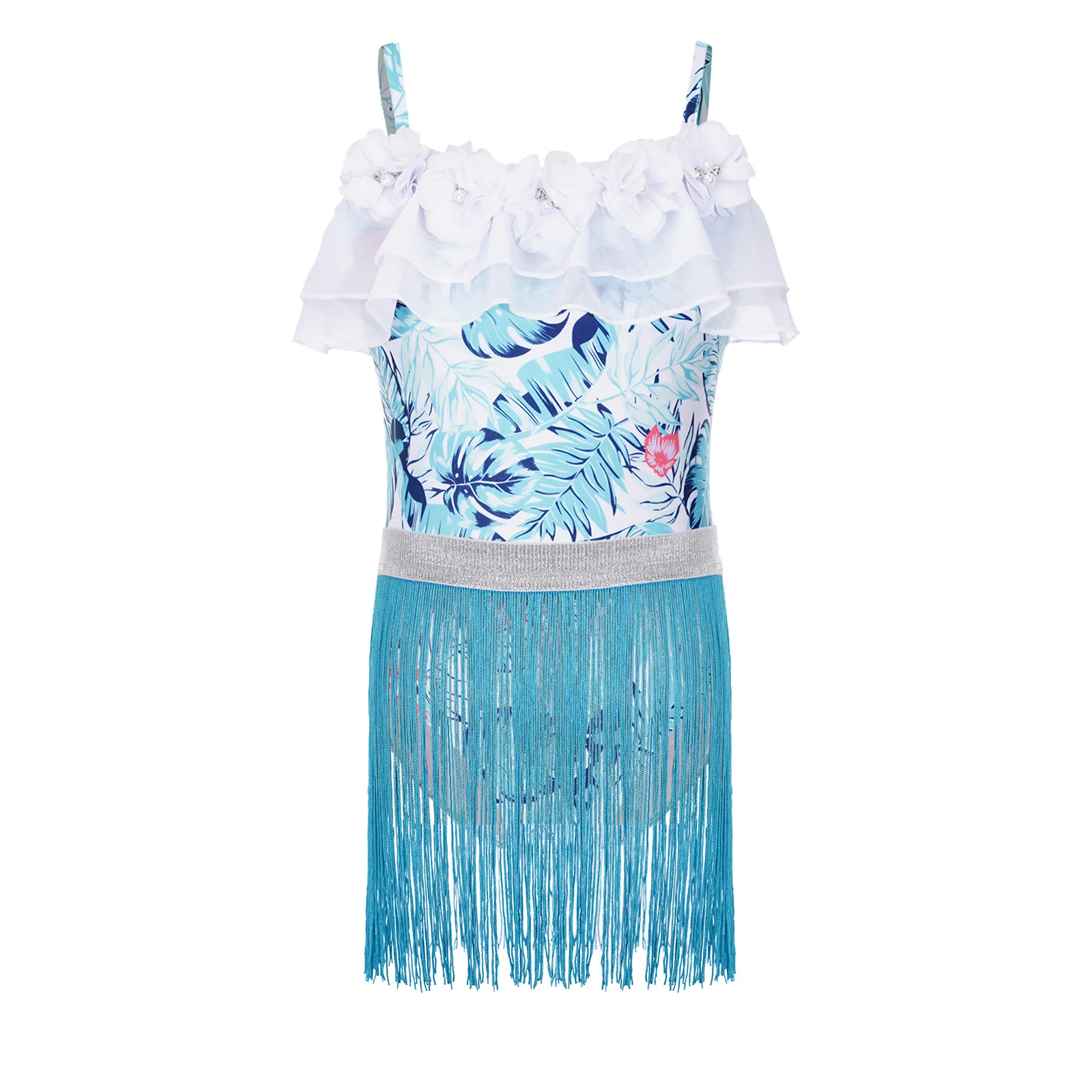 

Girls One Piece Swimsuit Flower Tassel Skirt Spaghetti Strap Bathing Suit Cover Up Quick Dry Cute for Beach Holiday Vacations