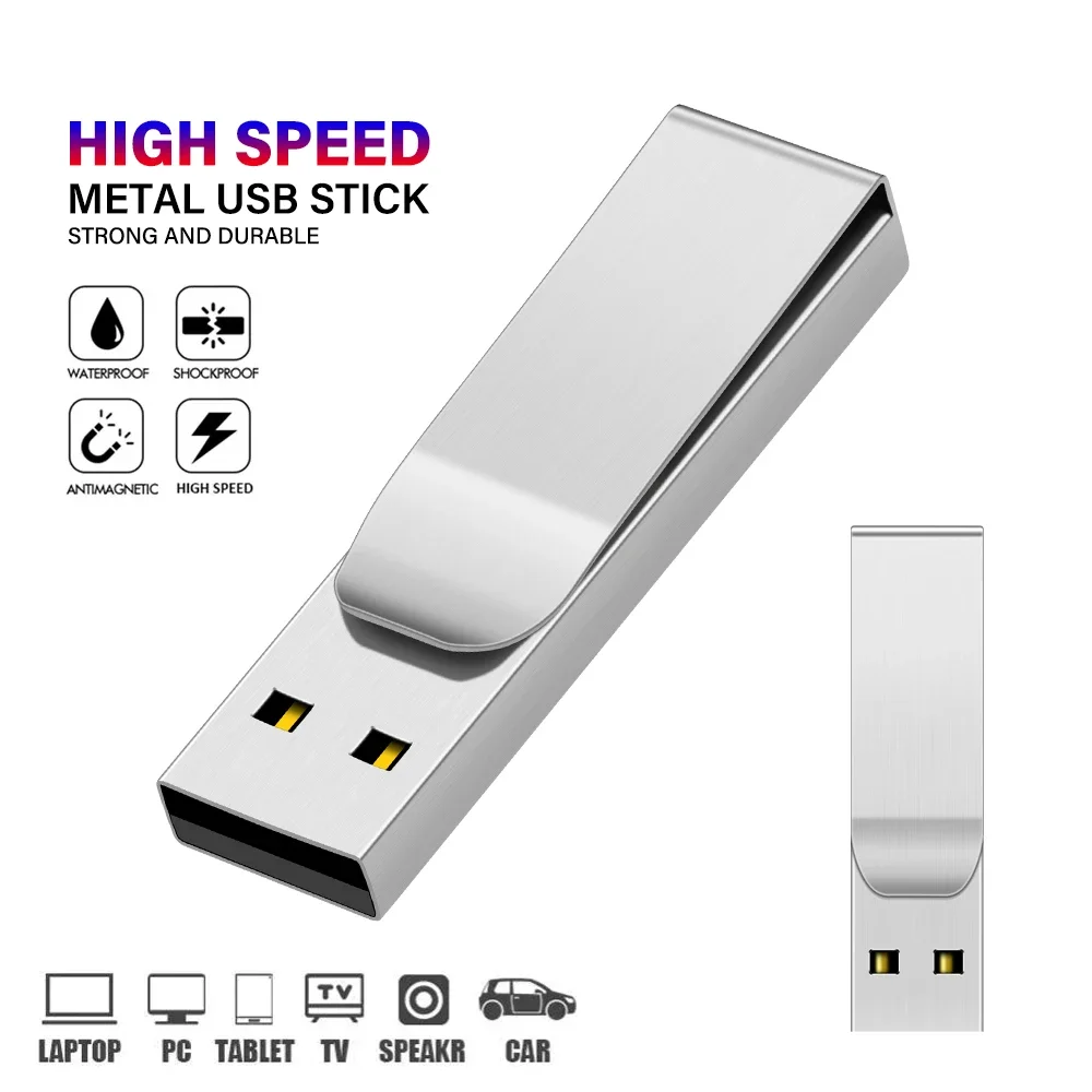 JASTER Metal Clamp USB 2.0 Flash Drive 128GB Waterproof Silver Portable Memory Stick 64GB Creative Business Gift Pen Drive 32GB