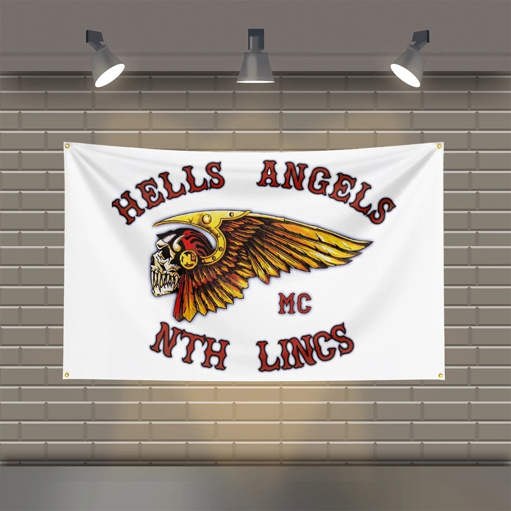 3x5 Ft Hells Angels Flag Polyester Printed Motorcycle Flags for Room Garage Decor