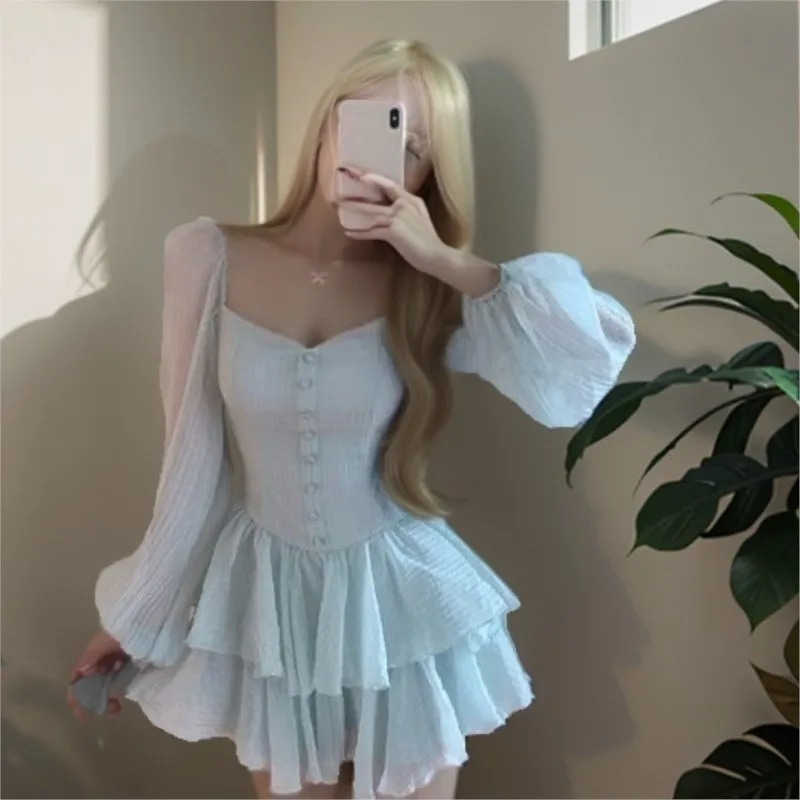 Retro Cascading Ruffle Edges Princess Dress Autumn Long Sleeve Sexy Slim Fit Mini Dresses For Women 2025solid Casual Fairy Dress