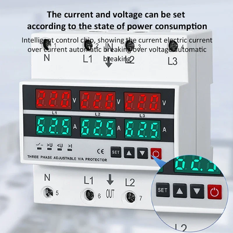 3Phase Din Rail adjustable Over Under Voltage Protector 63A/100A Current Protection Digital Voltmeter Ammeter Power Erengy Meter