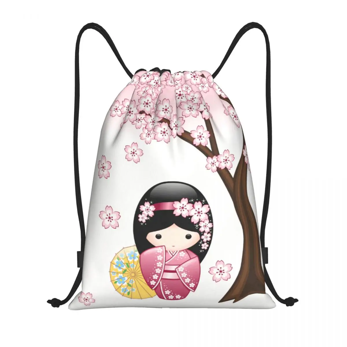 Kawaii Kokeshi Doll Cherry Blossoms Drawstring Backpack Sports Gym Bag for Women Men Japanese Geisha Girl Art Training Sackpack