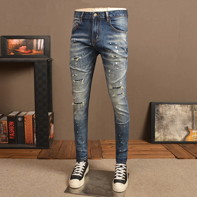 Street Fashion Designer Men Jeans Retro Blue Stretch Slim Fit Patched Ripped Jeans Men Y2K Painted Vintage Denim Pants Hombre