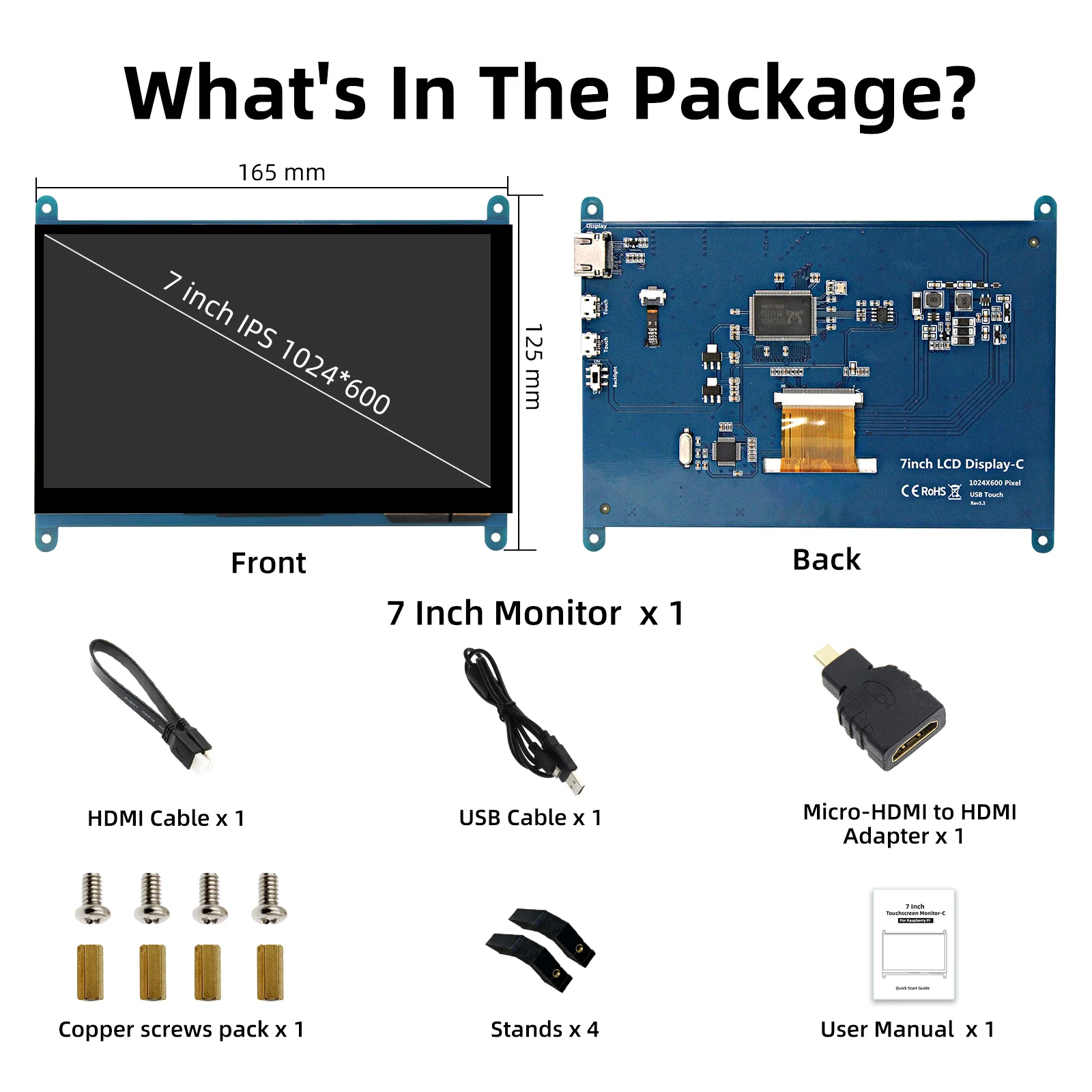 7-дюймовый IPS TFT ЖК-дисплей с сенсорным экраном, монитор 1024*600, HDMI, совместимый с Raspberry Pi 5 4B 3B + ПК AIDA64