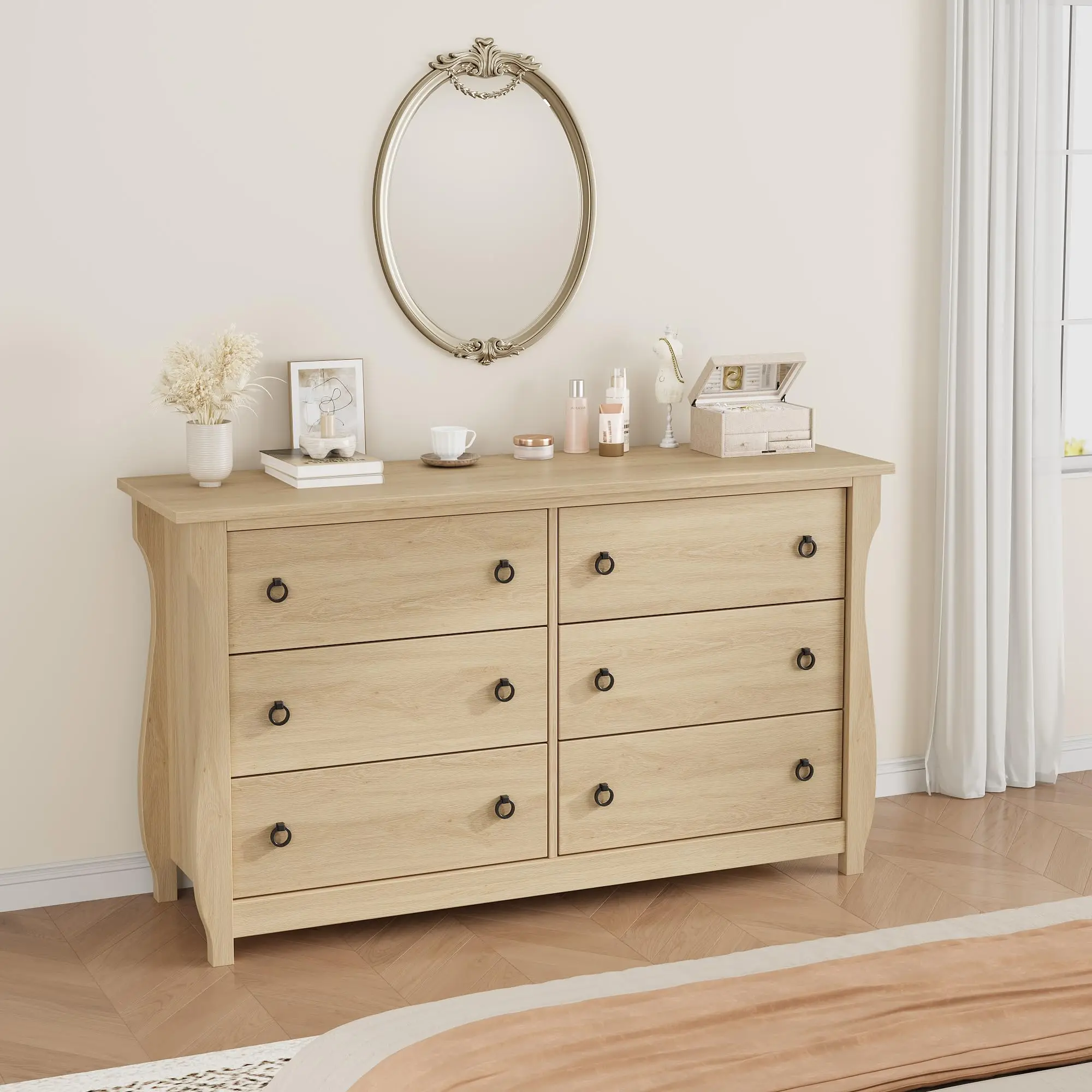 Spacious Storage Solution Dresser - Natural Wood 7-Drawer Chest for Bedroom Dining Room - Rattan Accents - Sturdy MDF, Freestanding Organizer - Ideal for Living Room, Entryway, Closet