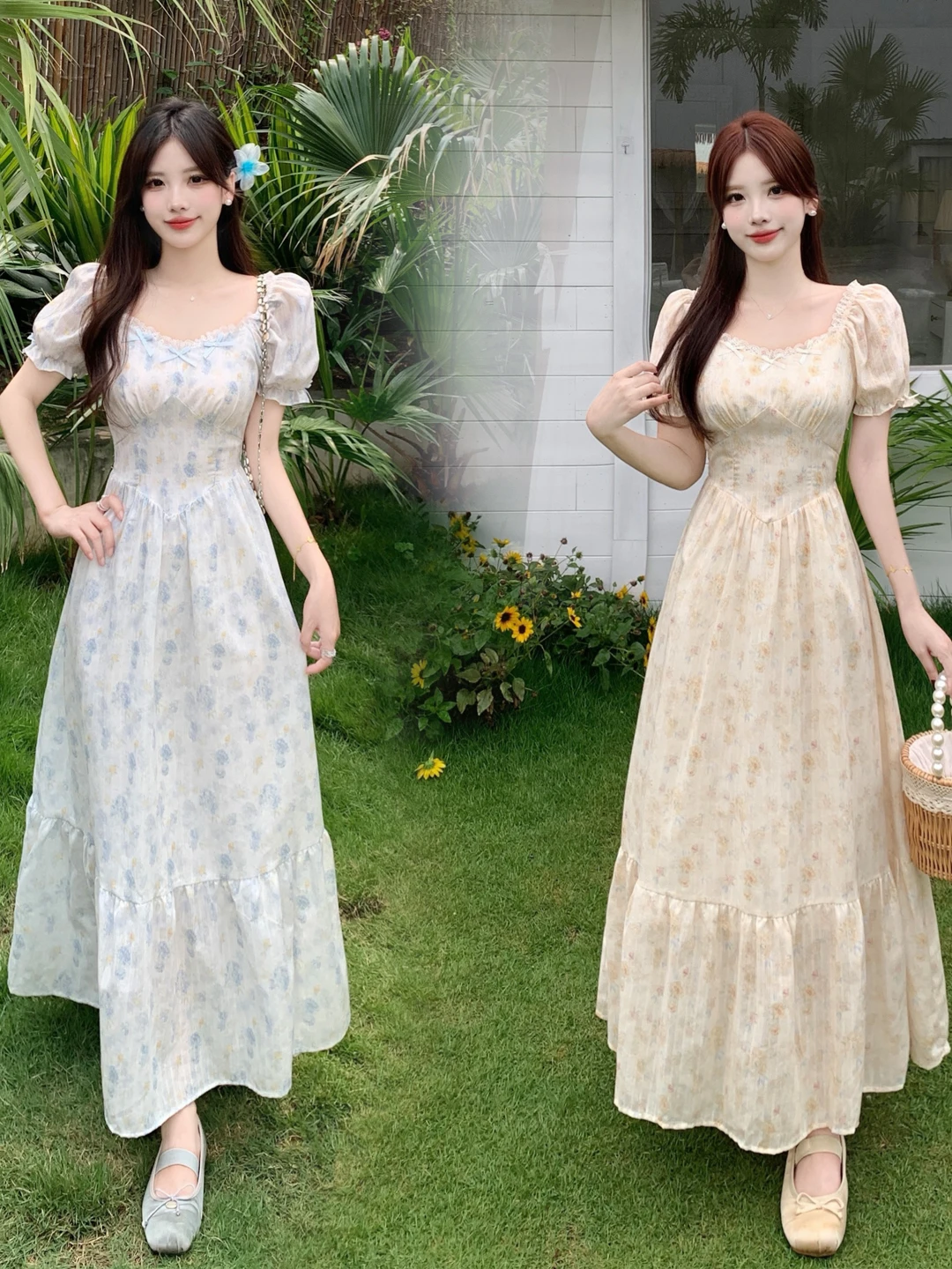 

Blue plus Size Floral Print Dress Waist Cinched Holiday Dress Elegant And Gentle Fat MM Fashionable And Stylish A-Line Skirt