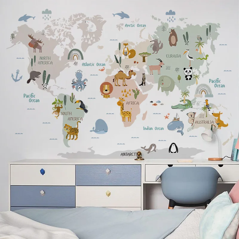 Large Cartoon World Map Wall Stickers Animals Watercolor Kids Room Baby Vinyl Nursery Art Decals for Babys Girls Room Home Decor