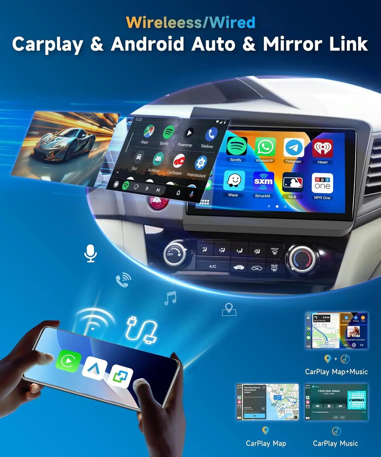 Estéreo de coche para Honda Civic 2012-2015, pantalla táctil de 9', CarPlay inalámbrico y Android Auto, GPS Bluetooth, 2+64GB, WiFi FM DSP