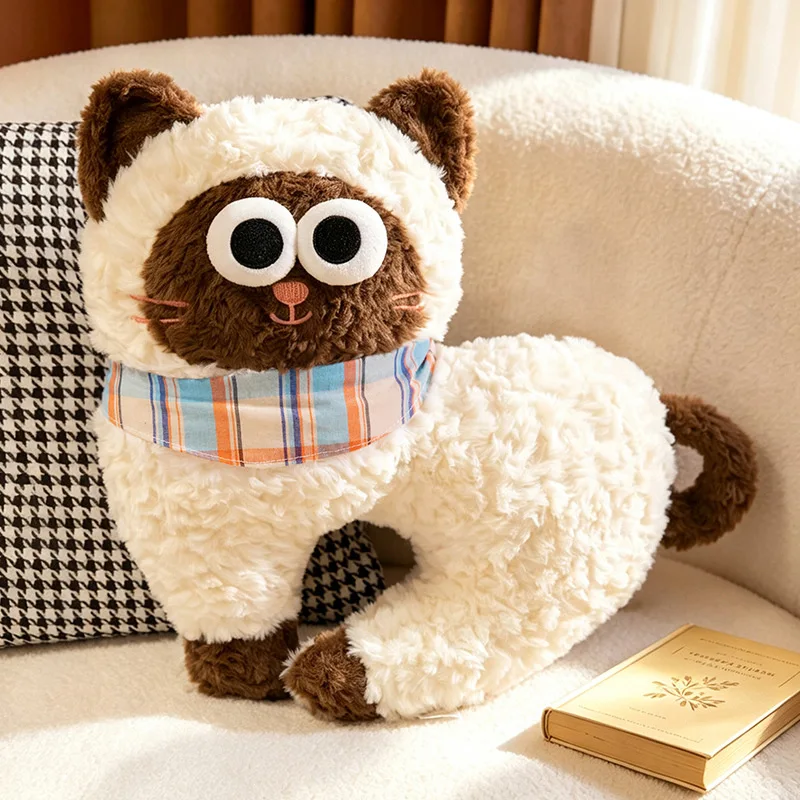 Funny Big Eyed Cat Plush Toy with Plaid Bandana Soft Fluffy Stuffed Kitten Doll Cute Animal Birthday Gift Home Decor