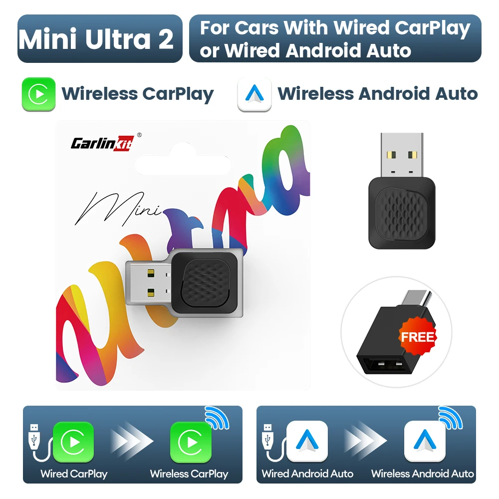 CarlinKit 5.0 Mini Ultra 2: draadloze adapter voor Android Auto en CarPlay, 2-in-1, voor bedrade CarPlay en Android Auto, met OTA-upgrade en plug-and-play-functionaliteit.