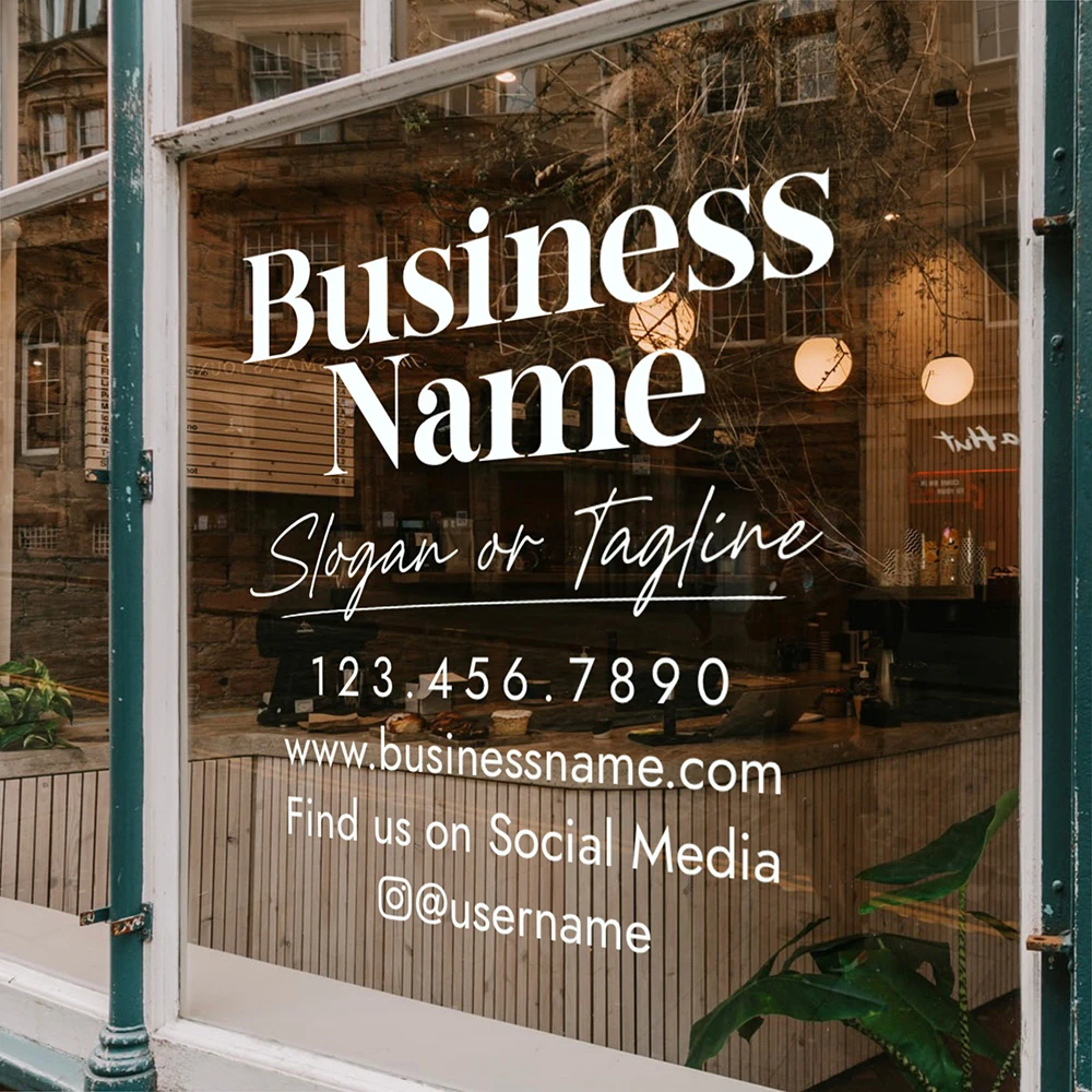 Calcomanía de ventana personalizable/Nombre de su empresa o logotipo, pegatina de vinilo para escaparate, letras para puerta y ventana