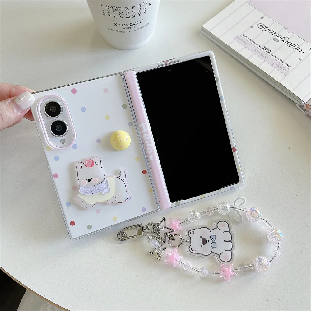 Cute Color Polka Dot Dog Phone Case For Samsung Galaxy Z Fold 8 With 3D Holder Beaded PC Shockproof Protective Cover