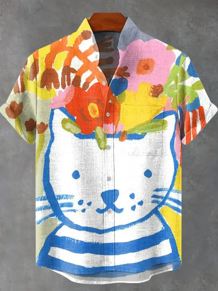 Stand collar autumn men\'s clothing versatile men\'s shirt Hawaii vacation comfortable 3D printing cat high-definition pattern