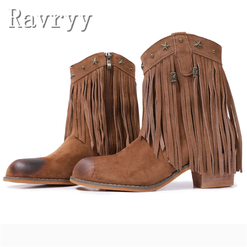

Women Retro Style Tassel Ankle Boots Metal Rivets Thick Heel Western Cowboy Boots Autumn New Gladiator Short Boots