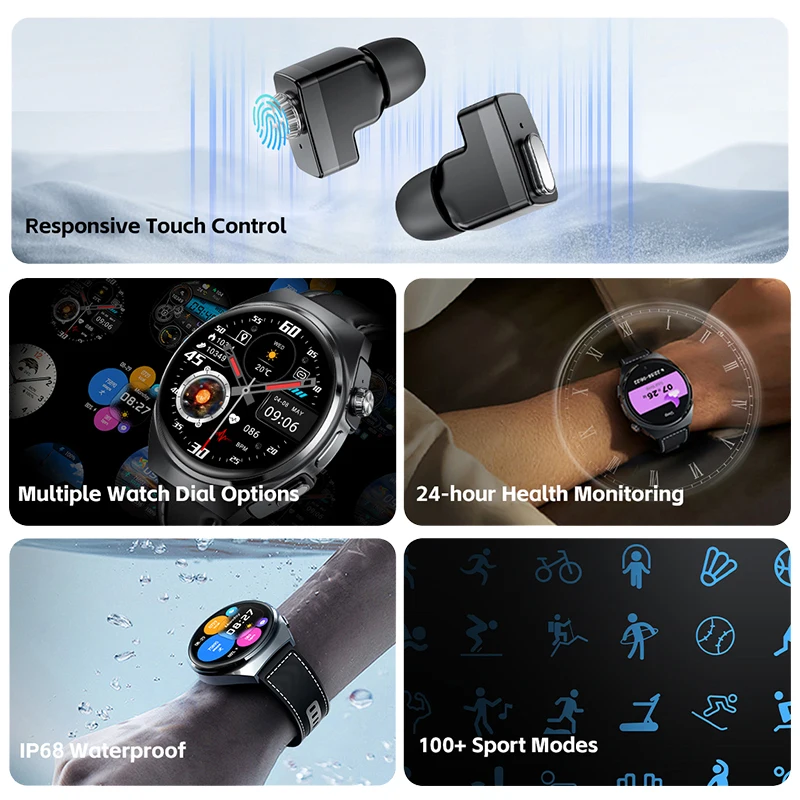 2024New For HUAWEI Smart Watch With Earbuds TWS Bluetooth 2 in 1 Earphone Heart Rate Blood Pressure Monitoring Sports Smartwatch