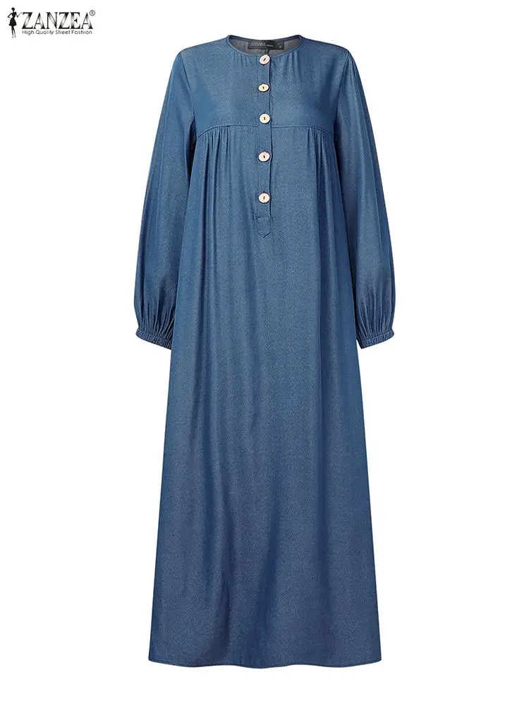 ZANZEA فساتين طويلة متواضعة تشبه الدنيم للنساء حجاب برقبة دائرية وأكمام واسعة نصف أزرار فستان ماكسي فضفاض لخريف 2025 ملابس نسائية #4