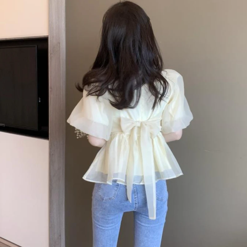 Blouses Women Puff Sleeve Lovely Folds Design Solid Simple New Korean Style Ladies Sweet All-match Trendy Summer Daily Ins Fit