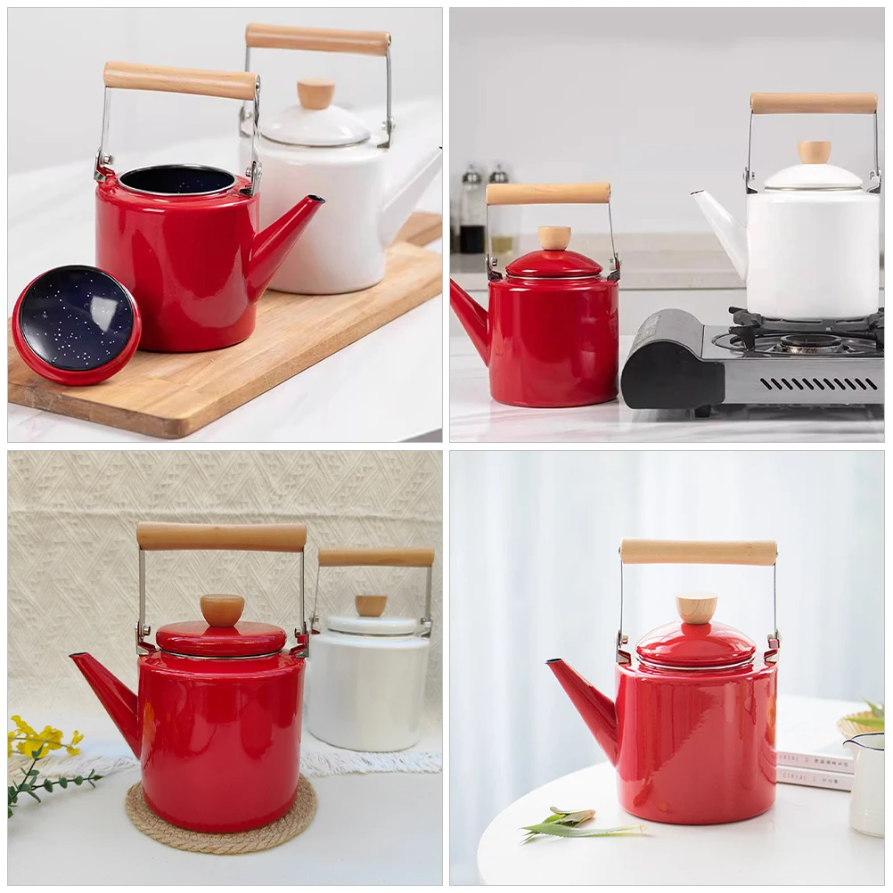 

2.4L Retro Enamel Cold Water Kettle Wooden Handle Stovetop Tea Pot Porcelain Jug Coffee Boiler Red Thermal Conductivity Gas