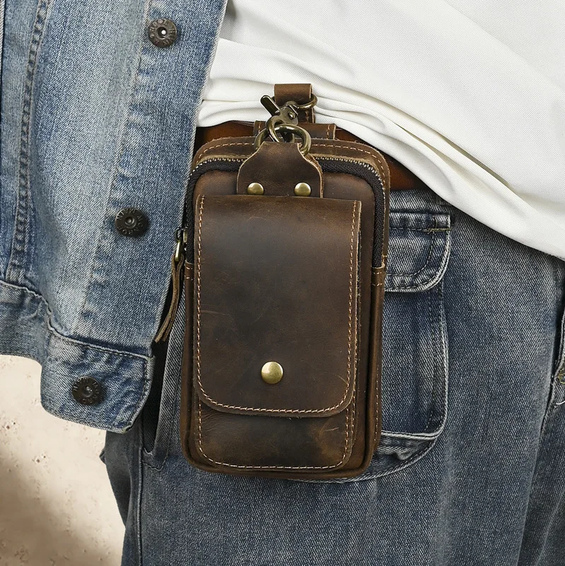 LD-Real Leather Men's Waist Bag, Top Layer Cowhide Outdoor Crossbody Bag, Crazy Horse Leather Mobile Phone Bag