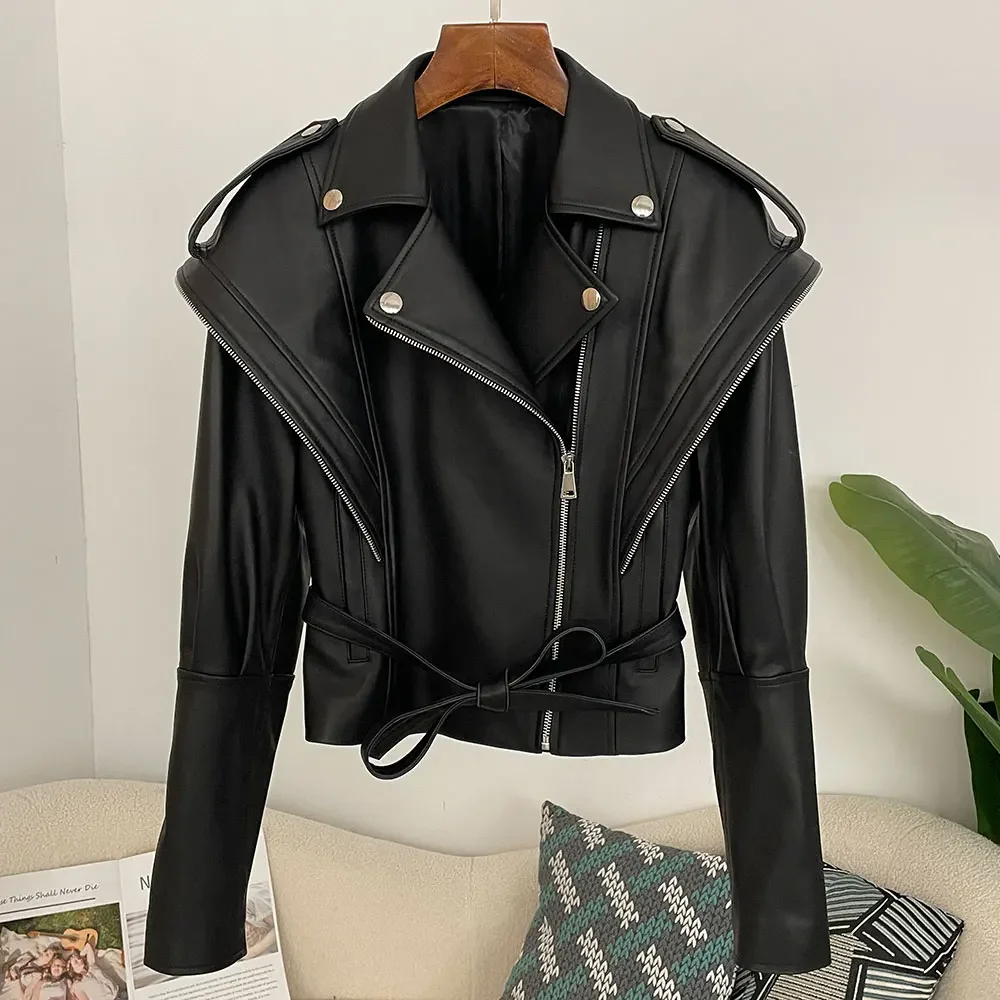 Women's Biker Real Leather Jacket Autumn Genuine Leather Jacket Women Casual Premium Shoulder Design Real Sheepskin Outerwears