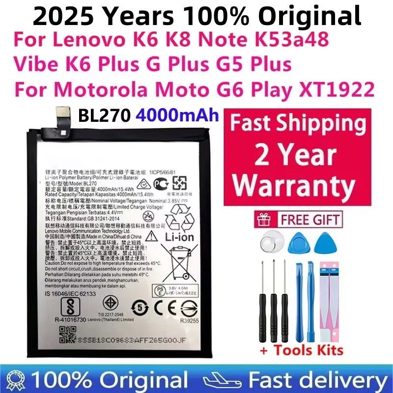 

100% Original For Lenovo K6 K8 Note K53a48 Vibe K6 G G5 Plus 4000mAh BL270 Battery For Motorola Moto G6 Play XT1922 Bateria