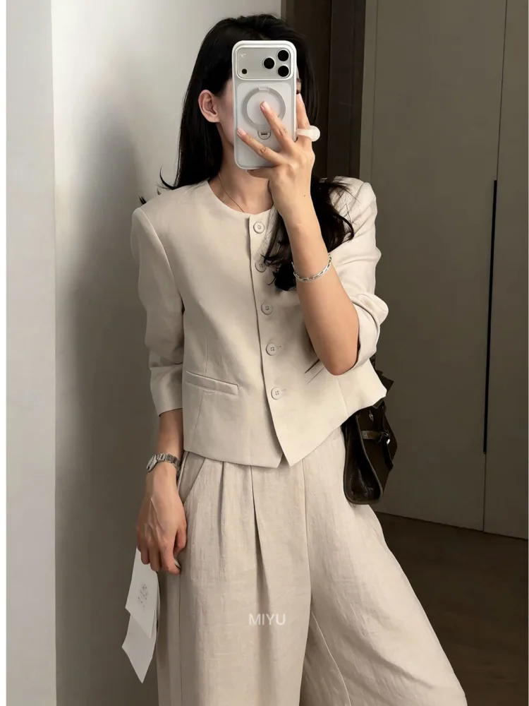 

DFDG Women's Spring Single Breasted Cropped Blazer Wide Leg Pants Set Elegant Casual Office 2026 Trendy Feminine Fashion Set