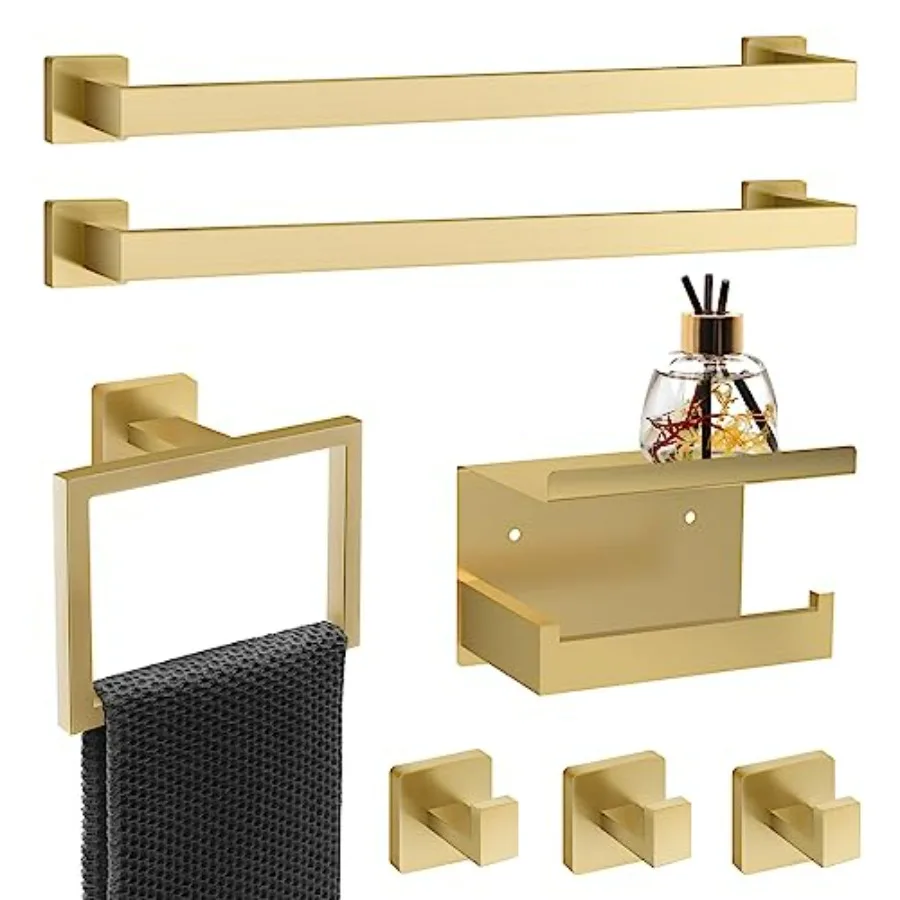 

7 Piece Gold Bathroom Hardware Set: Brushed Gold Stainless Steel Accessories for Modern Bathrooms Square 2-Towel Bars 23-Inch T