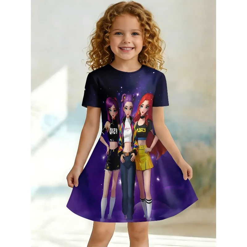 Girl Anime Girl Group Printed T-shirt Dress, K-Pop Fan Children's Purple Galaxy Casual Dress Suitable for Birthday Gifts