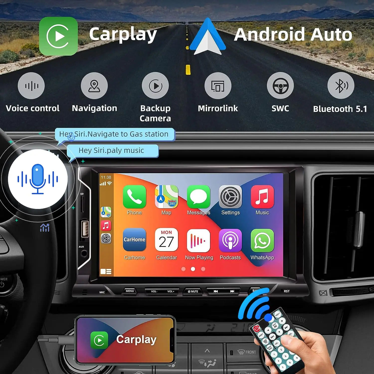 7 Inch Double Din Car Stereo Support Apple CarPlay Android Auto Mirror Link Capacitive Touchscreen Monitor Car Play Radio with B view 6