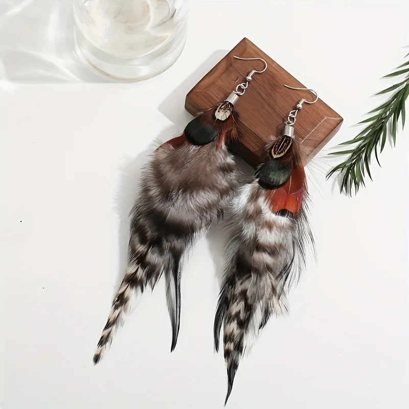 Bohemian Style Multicolor Pheasant Feathers Dangle Earrings for Women and Girls