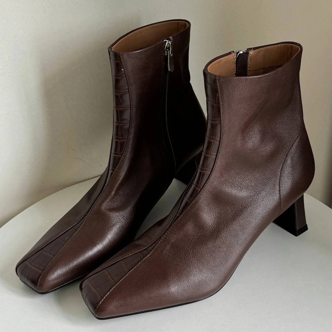 

Women's cow leather thin high heel square toe side zip autumn ankle boots sexy ladies high quality soft comfort short boots shoe