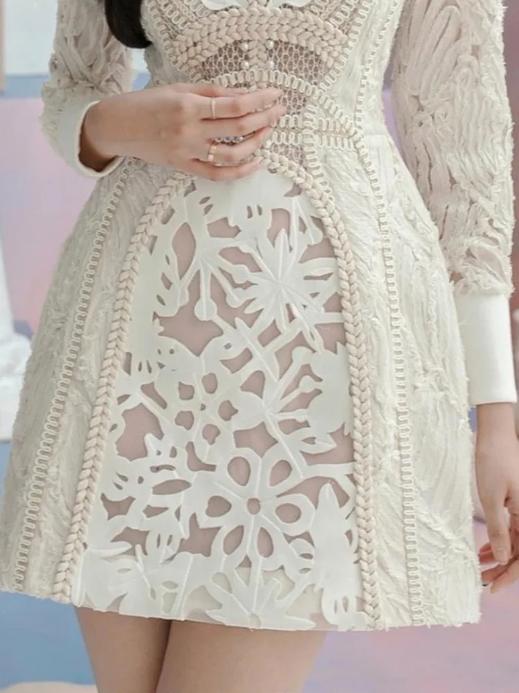 UCXQ O Neck White Lace Embroidery Elegant Short Dress Fairy Style Long Sleeve A-line Party Dresses Women 2024 Spring Summer 8648