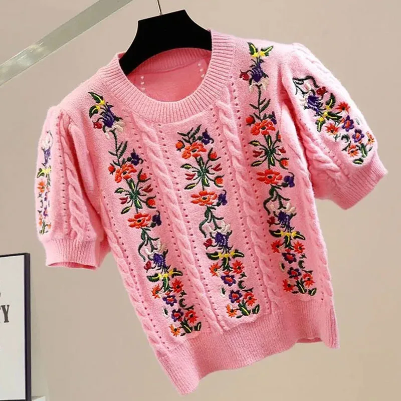 2024 Summer new women sweater Floral embroidery short sleeve knit t shirt women loose o neck pullover knit tees female