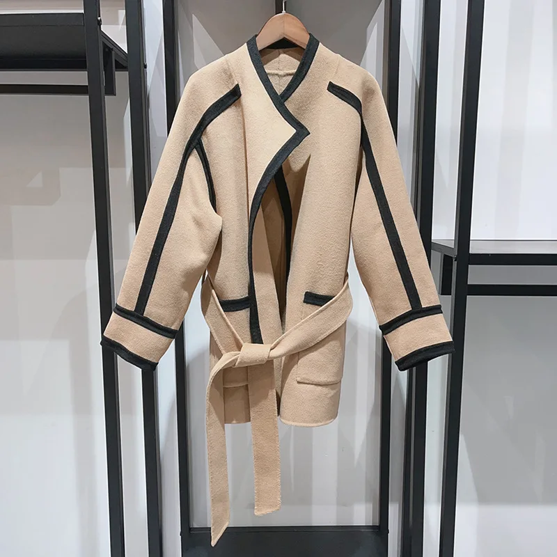 

2025 autumn and winter women's new lace-up splicing coat woolen winter warm clothes ladies mid-length coat