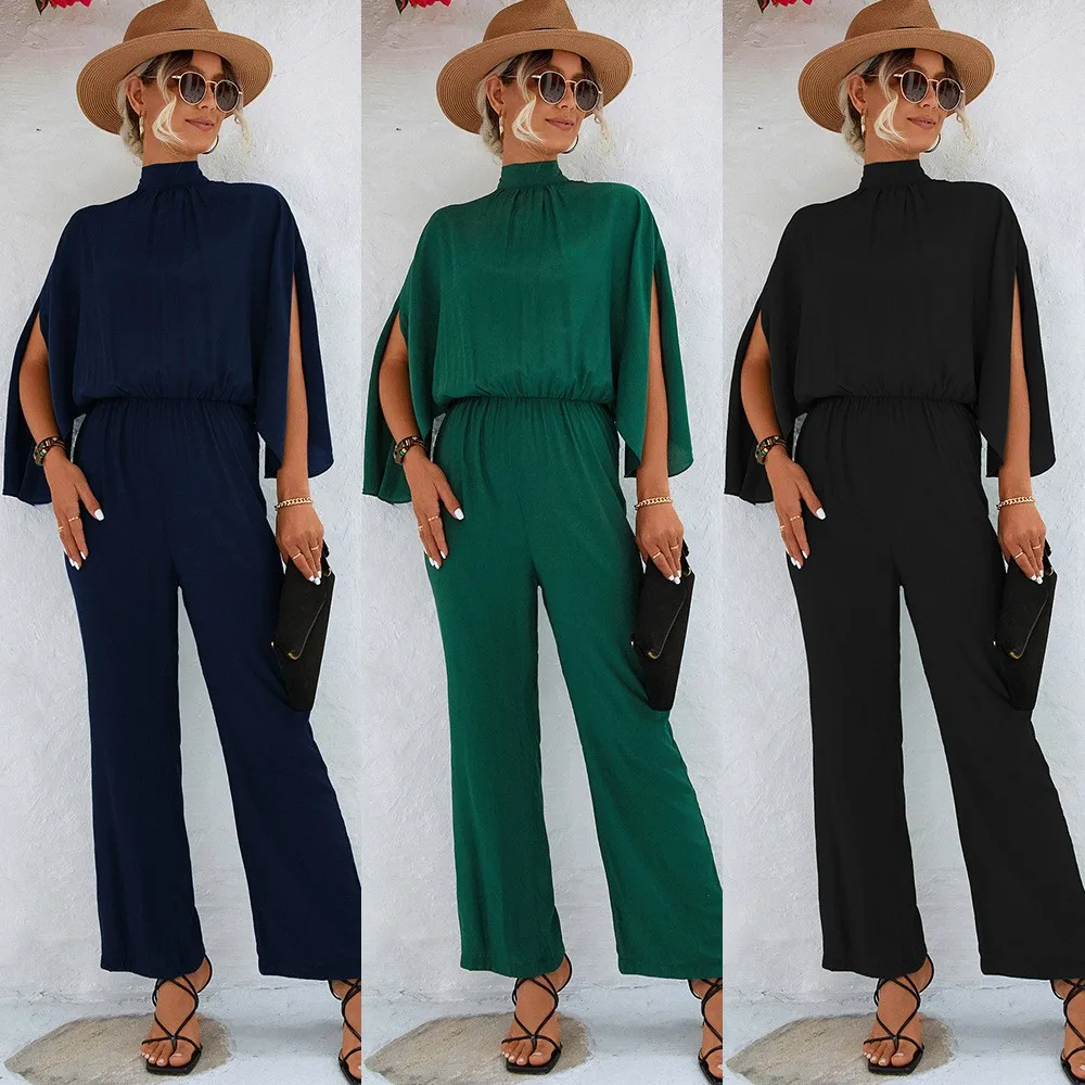 

Summer Woman Jumpsuit Solid Color Loose Fit Overalls Women Full Length Romper High Neck Wide Leg Pants Navy Blue Long Romper