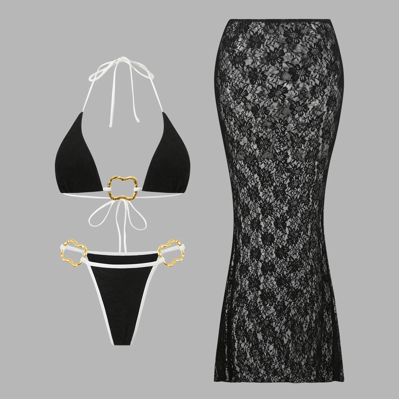 

sexy black plain halter tie metal ring bikinis sets three pieces with lace long skirt swimsuits bathing suit beach outfits