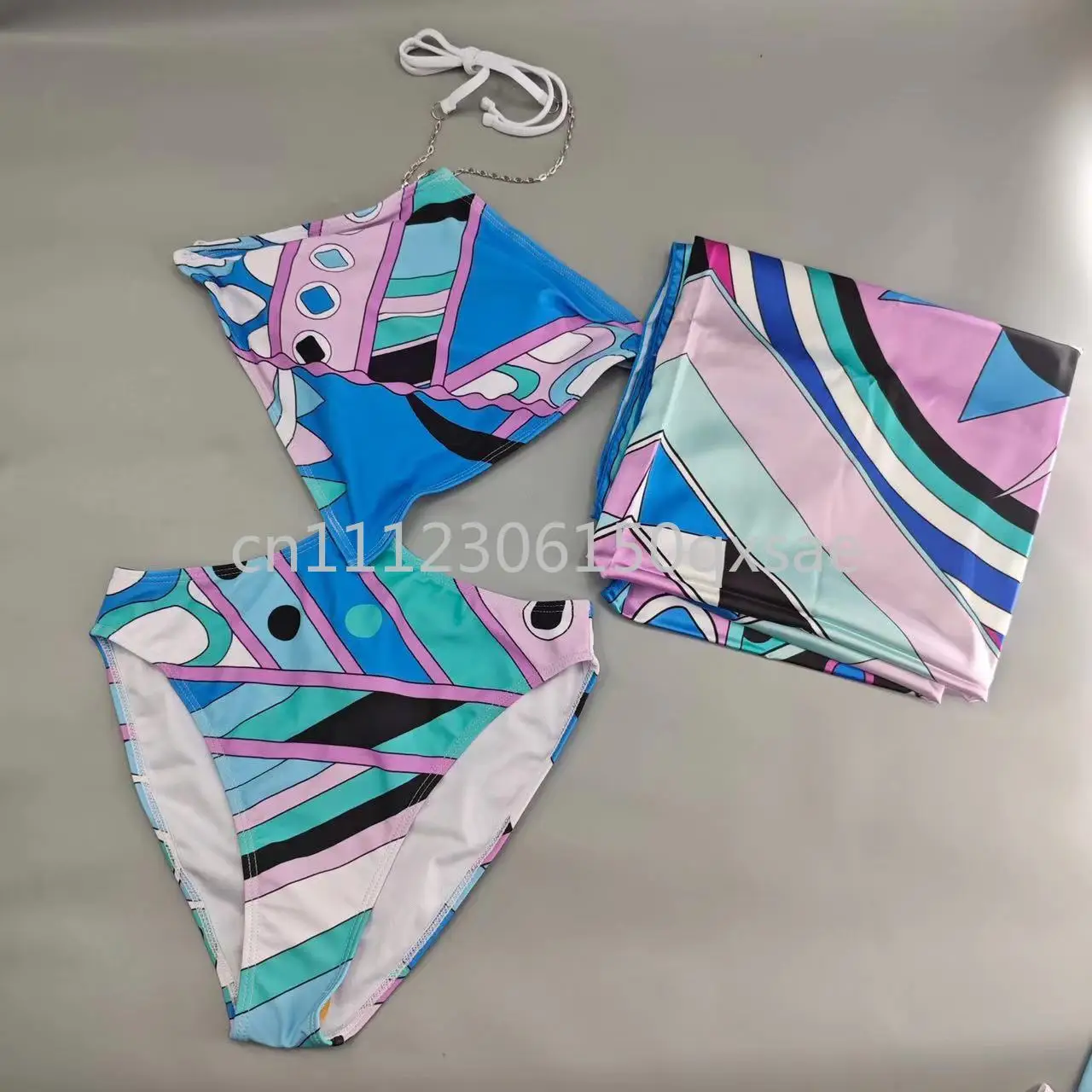 Women's Blue Scarf Swimsuits with Letter Signature Logo Lady Scarf Bikini Sets Beachwear Swimwear