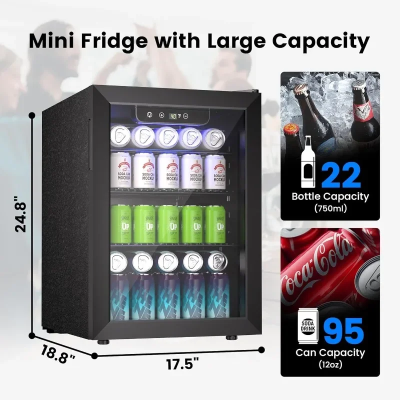 Wine Cooler, 26 Bottle 95 Can Mini Wine Fridge with Clear Glass Door for Beer Soda Water Drink, Small Wine Cellar Beverage